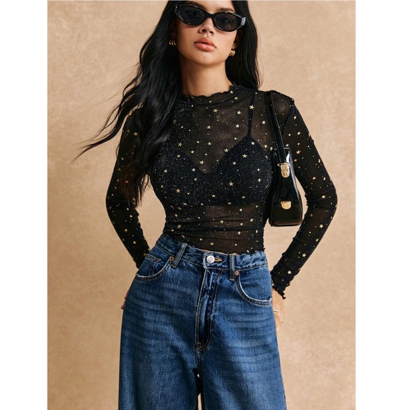 Mesh Black Sheer Long Sleeve Top Gold Stars Lettuce Trim - Picture 2 of 9